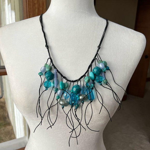 Vintage Teresa Goodall Black fringe Turquoise Blue Necklace 💙 - Picture 4 of 7
